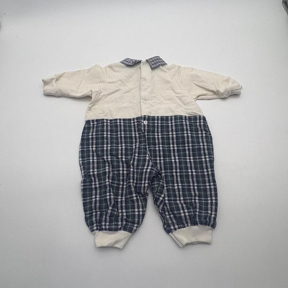 Plaid‎ Squirrel Coverall Boys 6-9 Months Blue Collared Knit Button One Piece